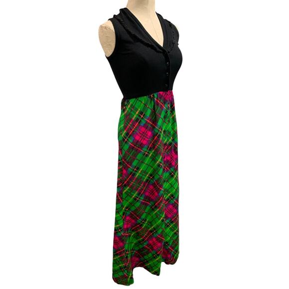 Small 1960s Vintage Bright Plaid Maxi Dress Button Up Sleeveless - Picture 9 of 9